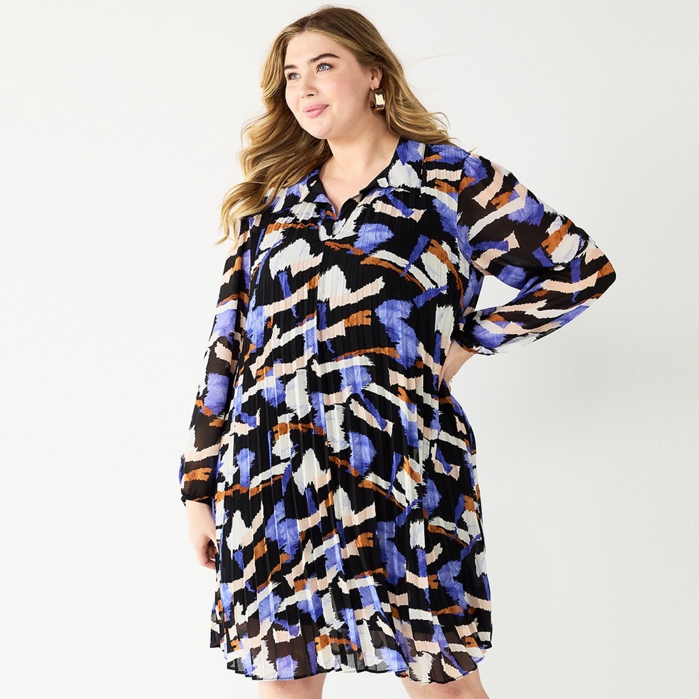 Nine West Black, Blue & Brown Abstract Pleated Shirt Dress